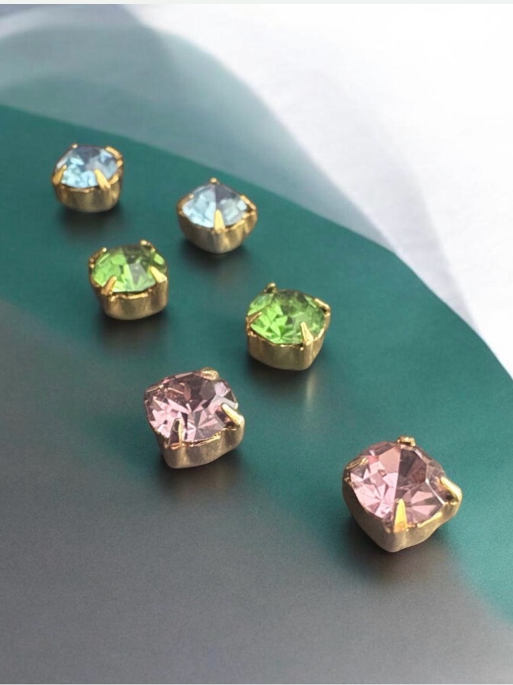 Vintage Avon 90s CZ Stud Earrings 3-Pair Set Gold Tone Blue Green Pink NIB